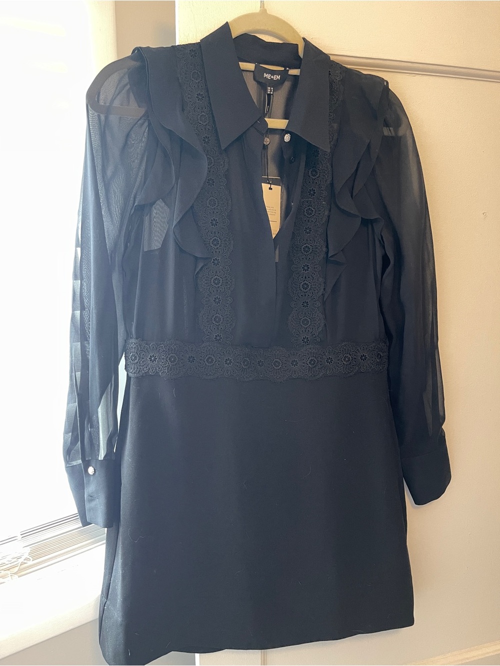 NWT ME+EM Black Ruffle & Lace Trim Mini Dress